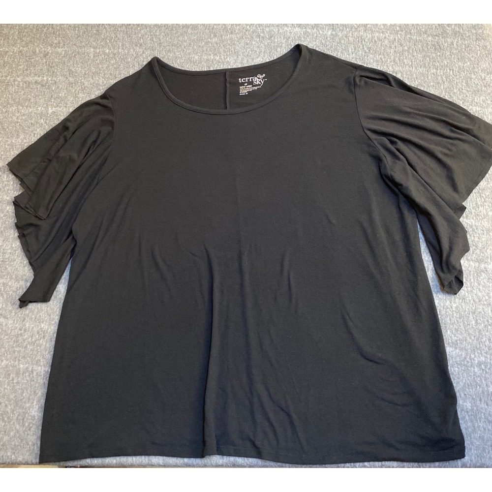 Terra & Sky Black Soot Flutter Sleeve Scoop Neck Top 1X 16W-18W Blouse TS19114